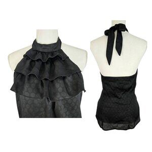 Women’s Black Sheer Ruffle Halter Top Tiered Polka Dot Tie Back Size M